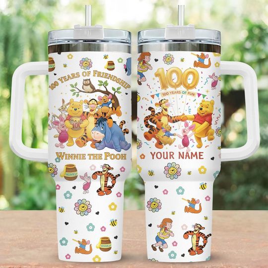 Discover Winnie The Pooh 100th Anniversary 40oz Tumbler, Pooh Bear And Friends Steel Tumbler, Disney Trip Tumbler With Handle, Pooh Fan Gift