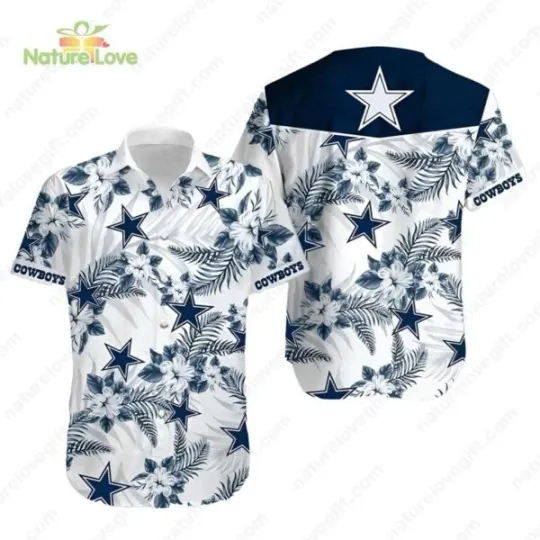 Discover Dallas Cowboyss Tropical Leafs Hibiscus Button Up Hawaiian Shirt
