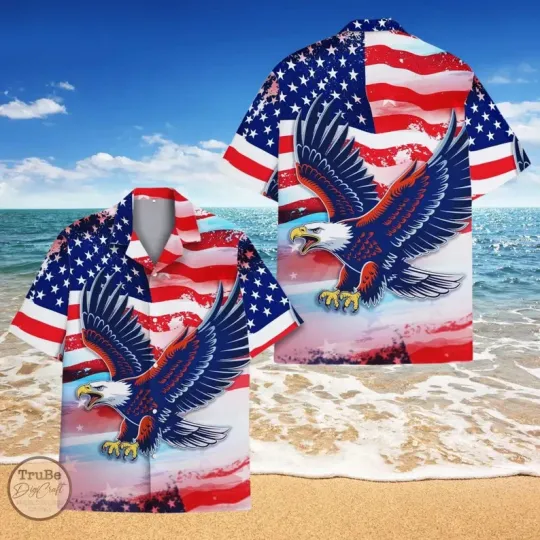 Discover Eagle US Flag Hawaiian Shirt For Men Women Youth, Patriotic Short Sleeve Button
