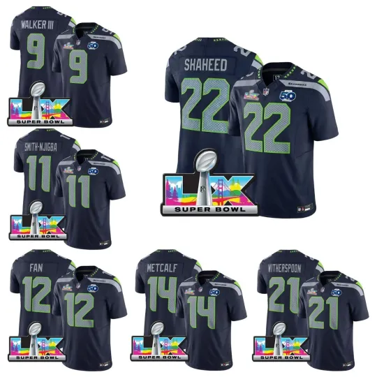 NWT Men's Seahawks Navy 2026 Super Bowl LX Patch Season All Printed Football Jersey