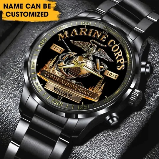 Personalized US Marine Corps 250th Anniversary Black Stainless Steel Watch