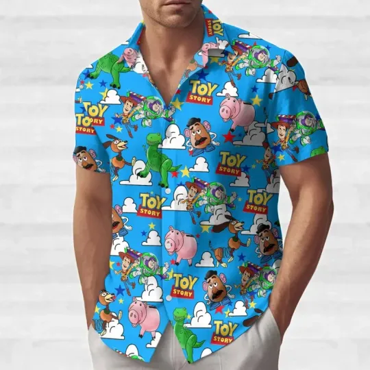 Toy Story Hawaiian Shirt, Disney Cartoon Button Shirt, Woody Buzz Lightyear