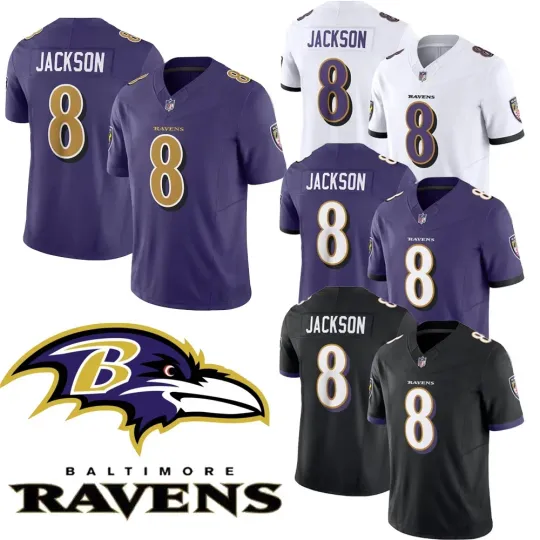 Discover Men's Ravens #8 Lamar Jackson Purple/Black/White Game All Printed Football Jersey