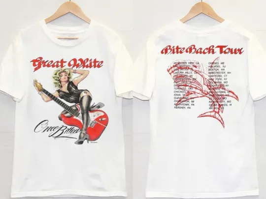 Discover Great White Bite Back Tour T-Shirt | White Cotton Rock Tee | Unisex All Sizes