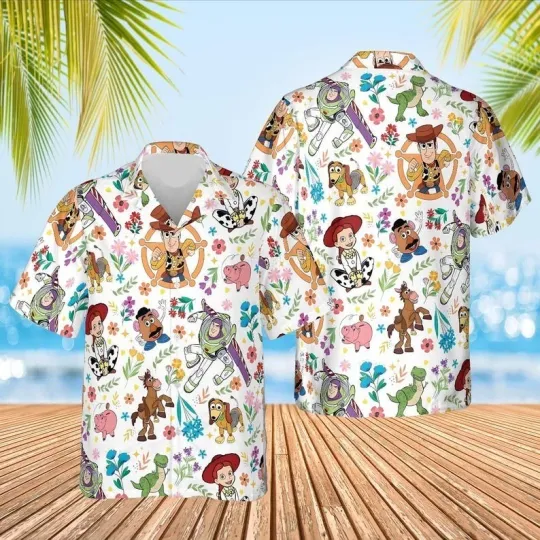Discover Disney Toy Story Woody Buzz Lightyear Floral White Summer Aloha Hawaiian Shirt