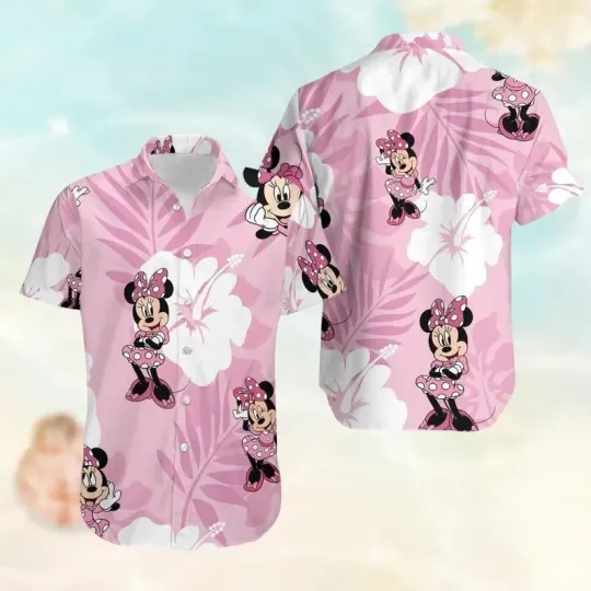 Discover Disney Minnie Mouse Tropical Leaf Summer Pink Aloha Hawaiian Shirt