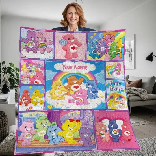 Discover Cute Rainbow Bear Fleece Blanket - Cozy Retro Cartoon Throw