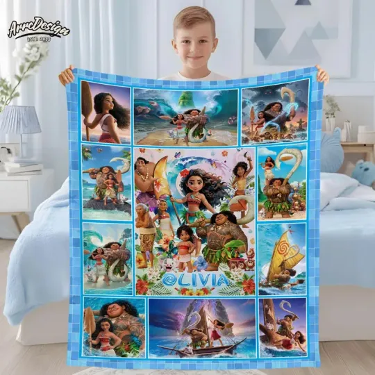 Discover Personalized Moana Kids Blanket, Blue Character Name Throw Fleece Blanket