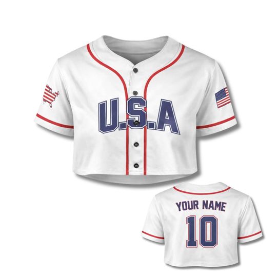 Discover USA Baseball Crop Top Custom Name & Number Women Button Jersey Shirt