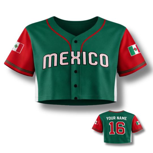 Discover Mexico Flag Baseball Crop Top Women Button Up Jersey Custom Name number Sport Shirt