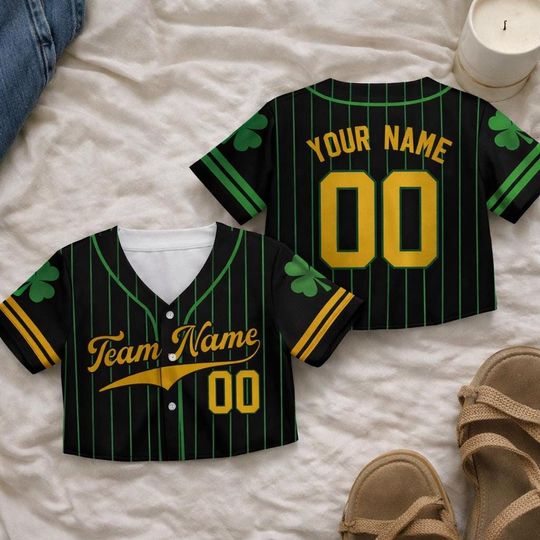 Discover Personalized St. Patricks Day Crop Top Baseball Jersey  Custom Name Number Irish Lucky Shirt for Women.