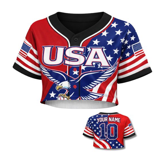 Discover USA Baseball Crop Top Patriotic Button Up Jersey Custom Name number