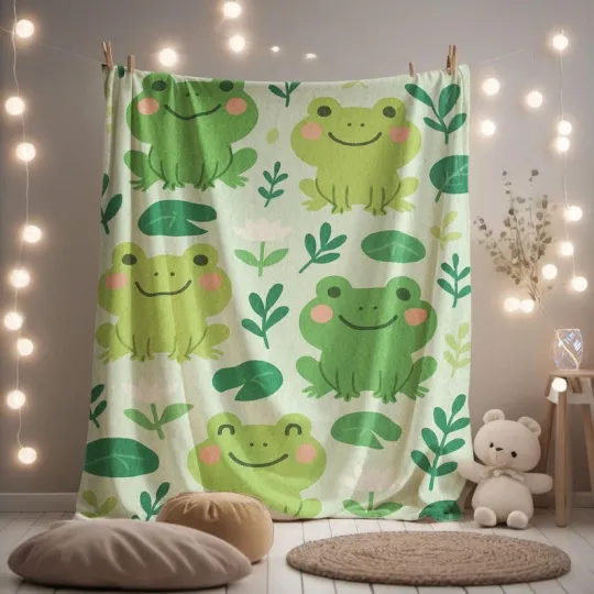 Discover Cute Kawaii Frog Flannel Blanket Smiling Lily Pad Cozy Baby Room Throw