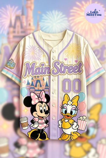 Discover Main Street Besties Disney Baseball Jersey, Pastel Minnie Daisy Castle Jersey, Cute Disney Park Outfit, Magical Kingdom Fireworks Team Shirt