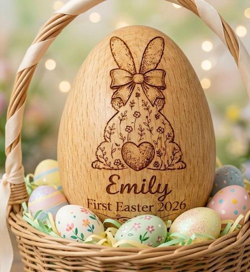 First Easter 2026 Personalized Baby Gift, Custom Wooden Easter Egg with Name, Newborn Keepsake, Nursery Decor, Baby Room Easter Decoration