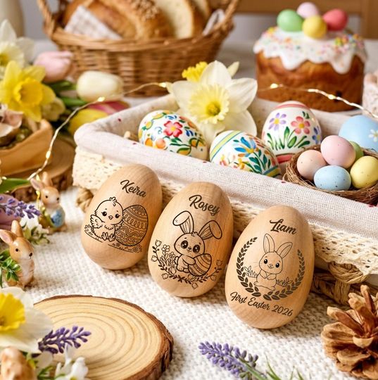 Personalized Wooden Easter Egg Shakers, Engraved Bunny Chick Keepsake, Babys First Easter Gift, Custom Name Easter Gift