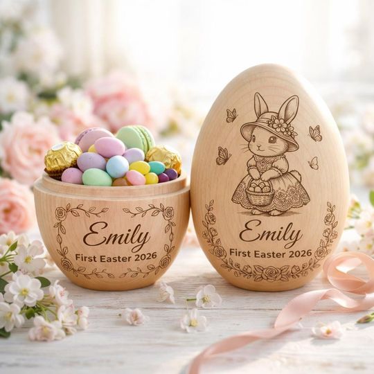 Personalized Wooden Easter Egg, Engraved Hollow Egg Decor 2026, Custom Name Gift, 1st Easter Basket Stuffer, Montessori Toddler Rattle Toy