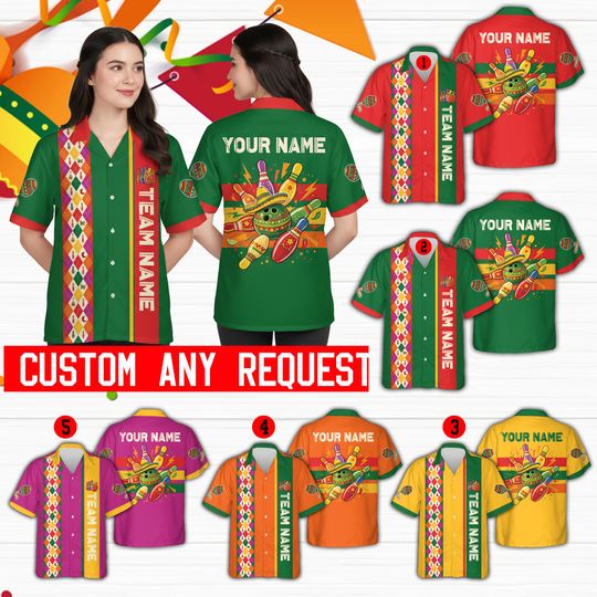 Discover Personalized Name Cinco De Mayo Bowling Hawaiian Shirt, Custom Mexican Fiesta Button Up Shirt Maracas Sombrero Fiesta Party Shirt For Bowler