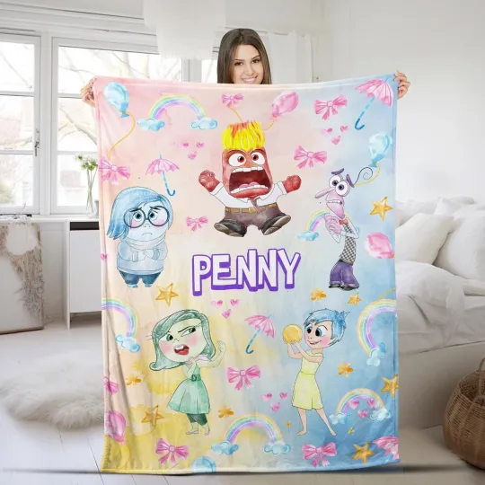 Discover Personalized Watercolor Inside Out Character Fleece Blanket Emotion Joy Fear An