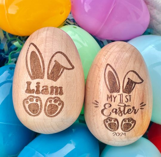 Discover Personalized Wooden Egg Shaker | Engraved Baby Egg | Easter Kids | Custom Wood Egg | Easter Basket Filler | My 1st Easter | Sensory Egg Wood