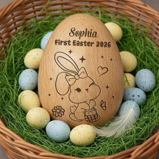 Personalized First Easter 2026 Wooden Egg, Custom Baby Name Easter Keepsake, Bunny Engraved Wood Egg, Newborn Easter Basket Gift