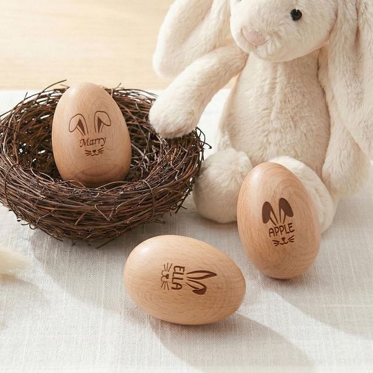 Personalized Wooden Easter Egg Shaker, Baby's First Easter Gift, Engraved Musical Toy for Kids