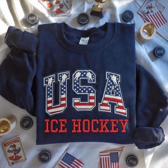 Discover USA Ice Hockey Embroidered Sweatshirt, Embroidered Hockey Sweatshirt