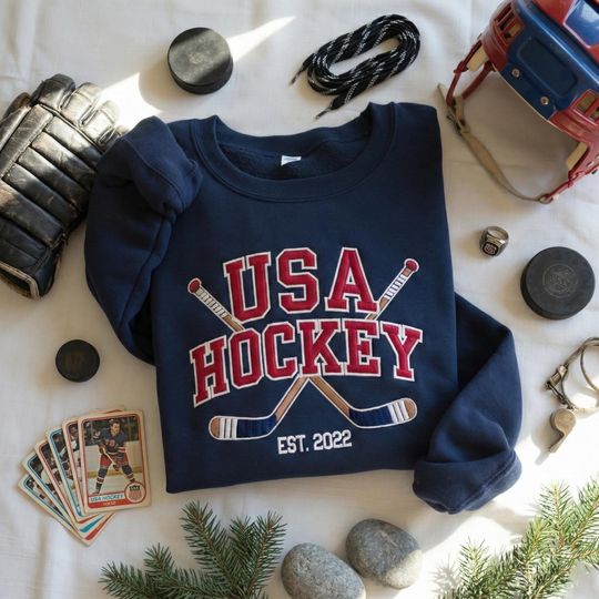 Discover Embroidered American Hockey Sweatshirt, Hockey Sweatshirt, Hockey Fan Gift