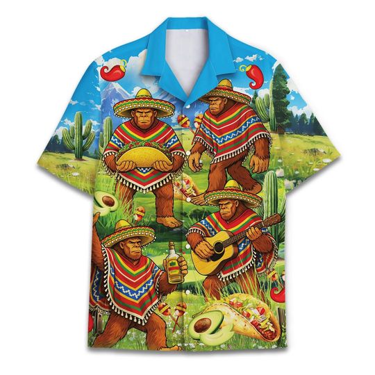 Discover Funny Bigfoot Cinco De Mayo Hawaiian Shirt For Men, Taco Fiesta Mexico Holiday Vintage Button Down Vacation Shirt