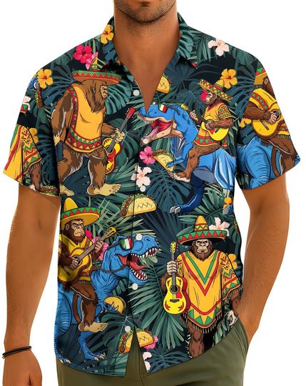 Discover Bigfoot Taco Dinosaur Pocket Hawaiian Shirt For Men Women, Funny Mexican Sombrero Shirt, T-Rex Fiesta Button Shirt, Cinco De Mayo Gift