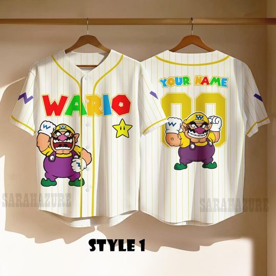 Custom Wario Baseball Jersey, Personalized Nintendo Family Matching Shirt, Universal Studios Super Mario Tee