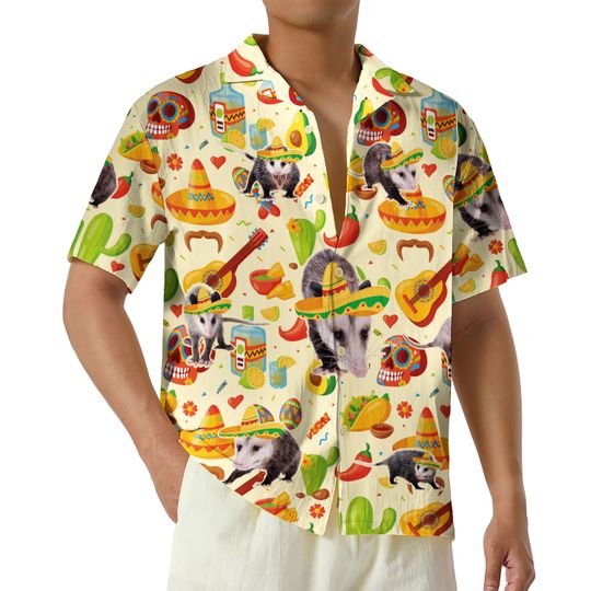 Opossum Cinco De Mayo 3D AOP Hawaiian Shirt, Screaming Possum Button Up Shirt, Mexican Down To Fiesta Gift Shirt, Sombreros Opossum Shirt