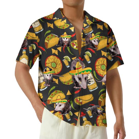 Discover Mexican Fiesta Opossum AOP Hawaiian Shirt, Funny Sombreros Taco Mexican Party Button Up Shirt, Opossum Lover Shirt