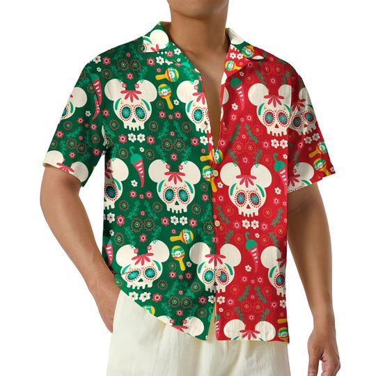 Discover Disneyland Mickey Minnie Mexican Flag Hawaiian Shirt, Disney Family Shirts, Floral Skull Mexico Vacation Button Up Shirt