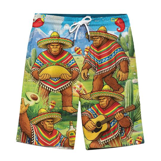 Discover Funny Bigfoot Cinco De Mayo Hawaiian Swim Shorts For Men, Tropical Vintage Mexico Festival Beach Casual Shorts