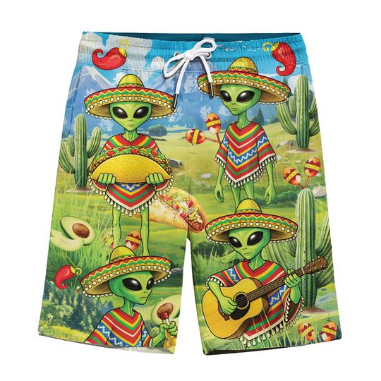 Discover Funny Alien Cinco De Mayo Hawaiian Swim Shorts For Men, Tropical Vintage Mexico Festival Beach Casual Shorts