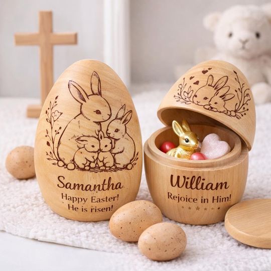 Discover Personalized Christian Easter Wooden Egg, He Is Risen Easter Keepsake, Custom Bunny Egg Gift for Kids