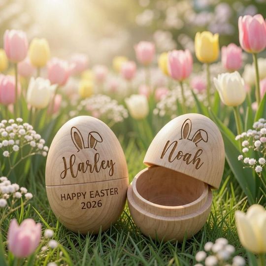 Discover Personalized Wooden Easter Egg, Bunny Ears Keepsake, Custom Name Gift, Easter Basket Stuffer