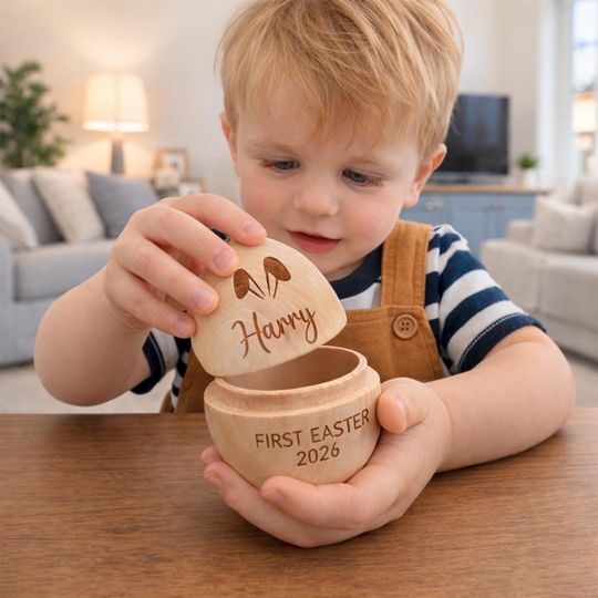 Baby First Easter Personalized Wooden Egg Box, Custom Name Engraved Easter Basket Filler, 2026 Keepsake Gift