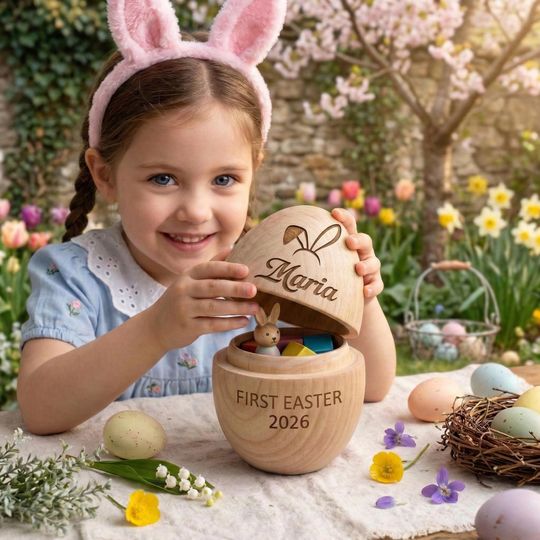 Personalized Wooden Easter Egg - Kids Easter Gift, Baby Keepsake, Custom Name and Year, Modern Easter Basket Gift