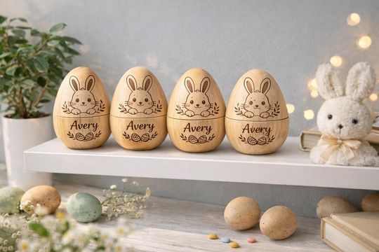 Personalized Wooden Easter Egg, Custom Name Bunny Egg, Fillable Easter Basket Gift, Kids Easter Basket Filler