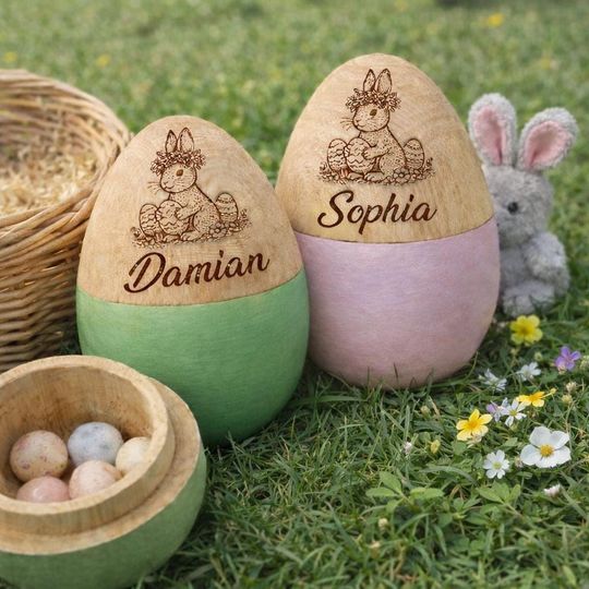 Discover Personalized Wooden Easter Egg: Custom Engraved Name, Fillable Keepsake Decoration