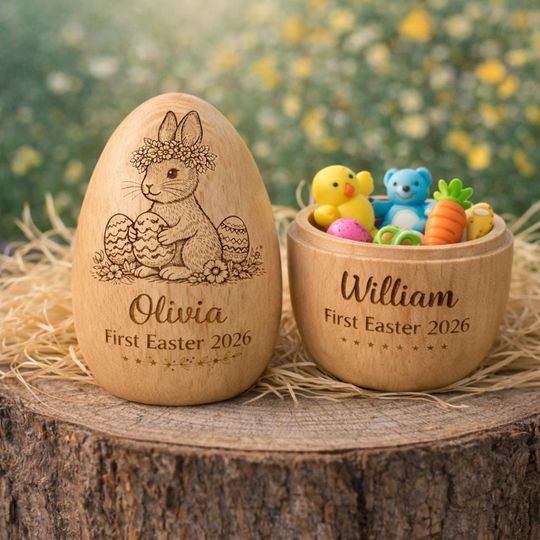 Personalized Wooden Easter Egg: Engraved Hollow Egg Decor 2026 Custom Name Gift