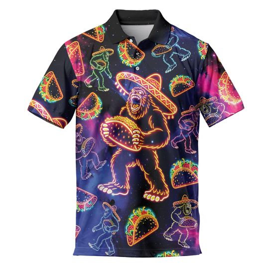 Discover Neon Bigfoot Golf Polo Shirt for Men, Cinco De Mayo Mexico Fiesta Holiday Shirt