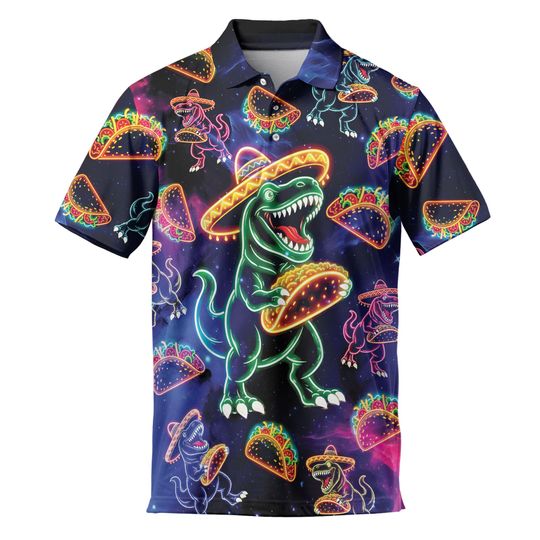 Discover Neon Dinosaur Golf Polo Shirt for Men, Cinco De Mayo Mexico Fiesta Holiday Shirt