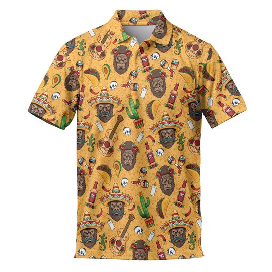 Funny Bigfoot Cinco De Mayo Tacos Polo Shirts For Men Vintage Taco Golf Polos Shirts Casual Short Sleeve Button Up Shirt