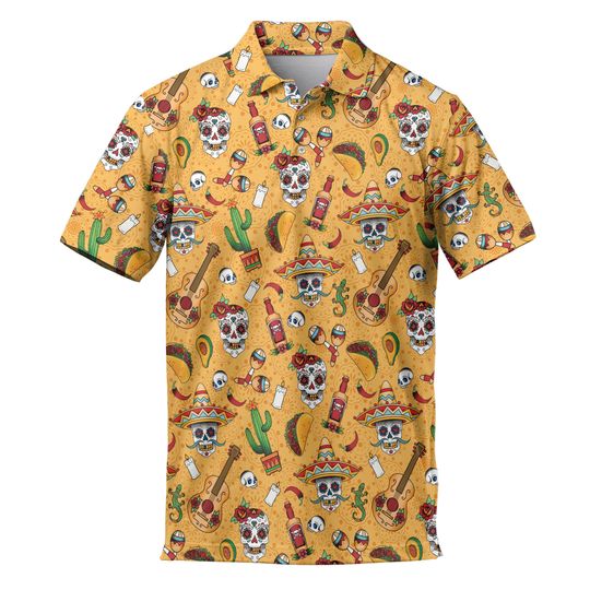 Funny Skull Cinco De Mayo Tacos Polo Shirts For Men Vintage Taco Golf Polos Shirts Casual Short Sleeve Button Up Shirt