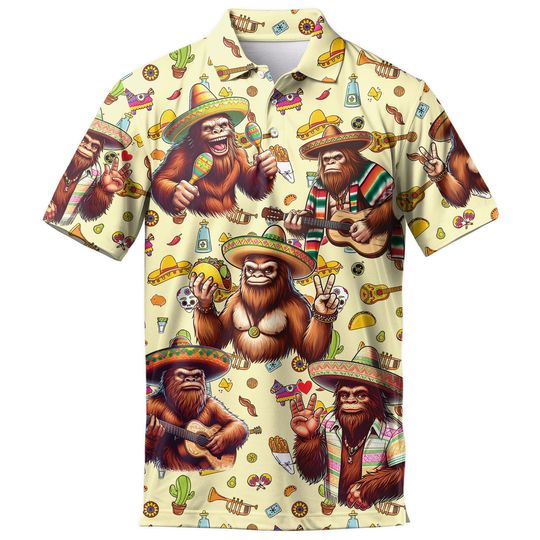 Discover Funny Cinco De Mayo Bigfoot Polo Shirts For Men Golf Polos Sasquatch Taco Polo Shirts Casual Short Sleeve Button Up Shirt