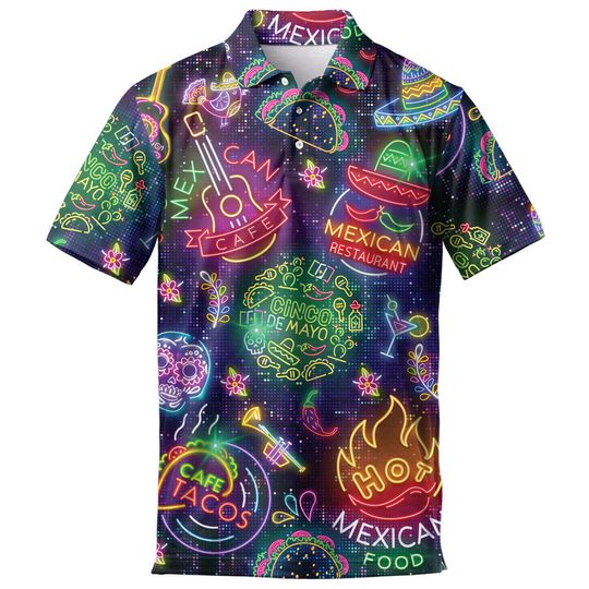 Discover Funny Neon Cinco De Mayo Polo Shirts For Men Golf Polos Galaxy Mens Polo Shirts Casual Short Sleeve Button Up Shirt