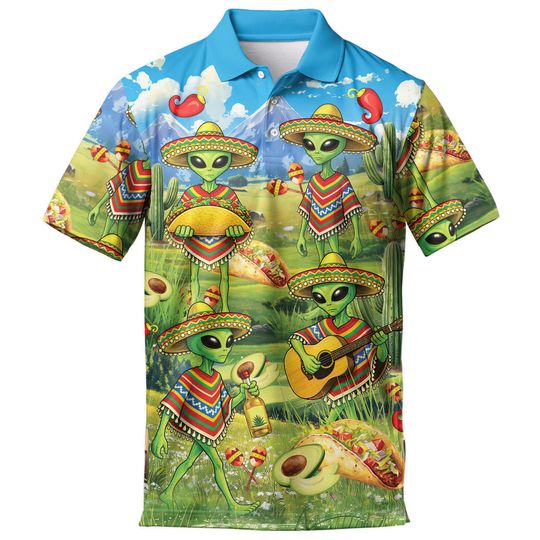 Funny Alien De Mayo Tacos Polo Shirts For Men Vintage Taco Golf Polos Shirts Casual Short Sleeve Button Up Shirt